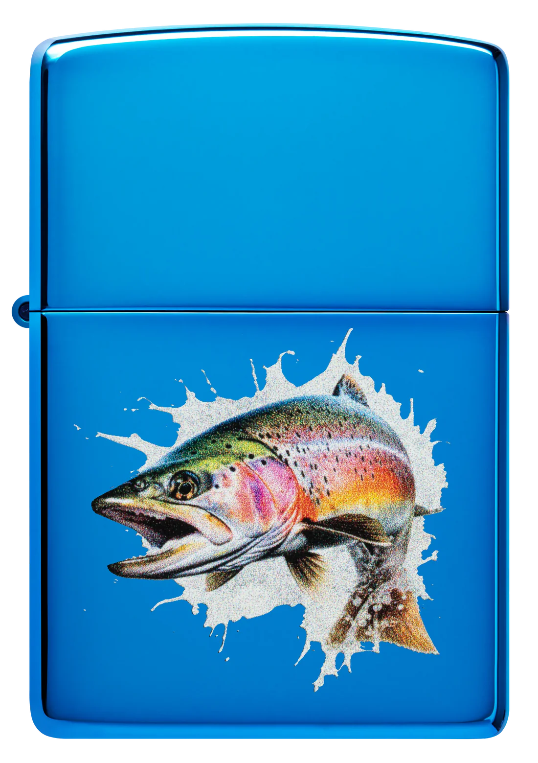 Zippo Benzinfeuerzeug mit Fisch-Motiv – windfestes, nachfüllbares Sturmfeuerzeug mit blauem Hochglanz-Finish. Das Design zeigt eine detailreiche, farbenfrohe Forelle, die aus dem Wasser springt. Original Zippo-Qualität, langlebig und ideal für Angler, Fischer und Outdoor-Fans. Perfektes Geschenk für Natur- und Fischliebhaber.