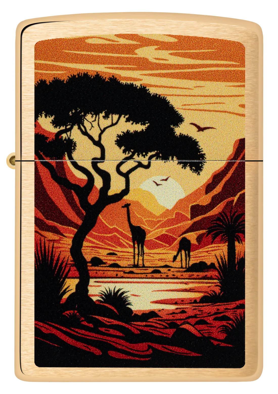 Zippo Benzinfeuerzeug mit Savannen-Motiv – hochwertiges, windfestes Sturmfeuerzeug mit Giraffen-Design. Goldfarbenes Gehäuse mit afrikanischer Landschaft, Baum, Sonnenuntergang und Vögeln. Perfekt für Safari-Fans, Naturfreunde & Sammler.