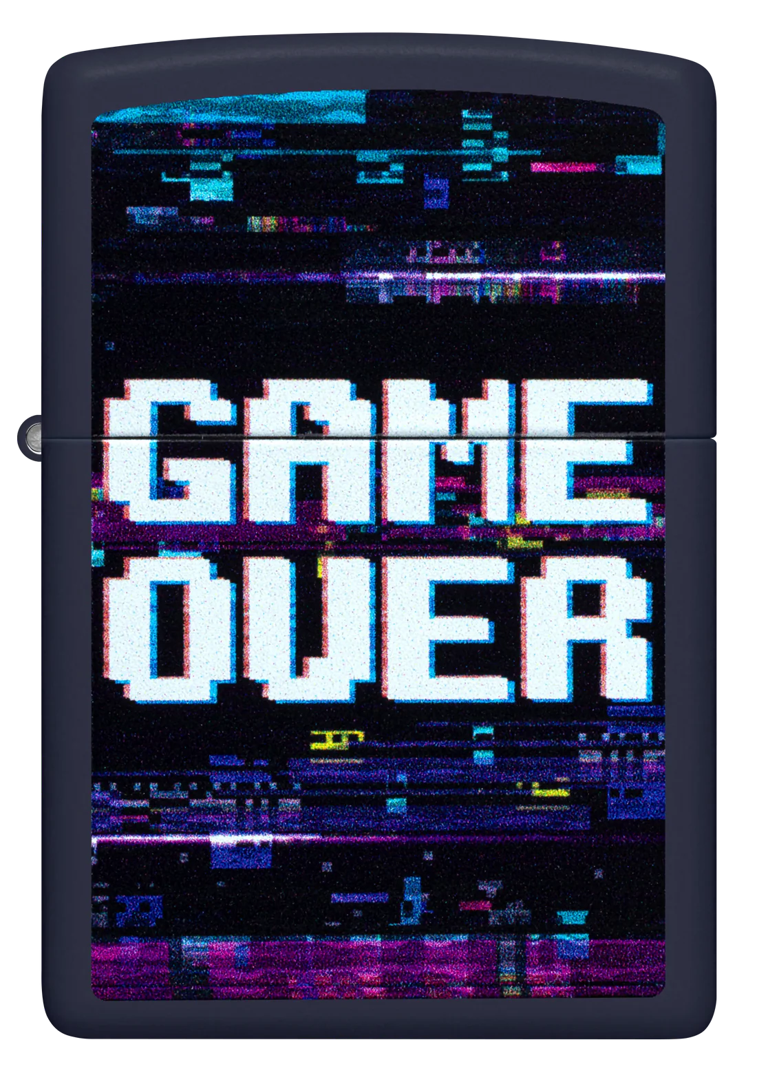 Die Hintergrundgrafik zeigt einen glitch-artigen, digital verzerrten Effekt mit bunten, verpixelten Störungen in Blau-, Lila- und Rottönen, was den Eindruck eines defekten oder abstürzenden Bildschirms verstärkt.
