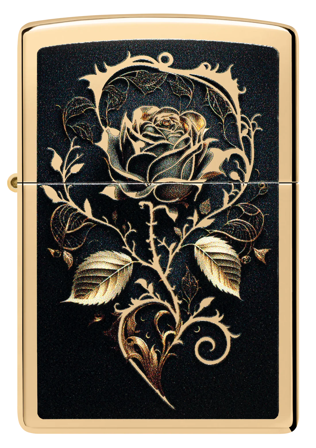 Dieses Zippo Benzinfeuerzeug hat ein edles, goldfarbenes Gehäuse mit einem detailreichen, filigranen Rosenmotiv in Gold auf schwarzem Hintergrund, das für einen luxuriösen und eleganten Look sorgt.