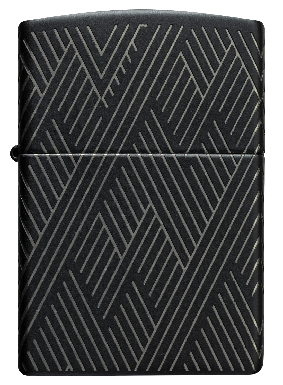 Bild 1 (geschlossenes Feuerzeug, Frontansicht):
"Zippo "Abstract Lines" Black Matte Benzinfeuerzeug mit 360° Lasergravur – stilvolles geometrisches Design für moderne Ästhetik."