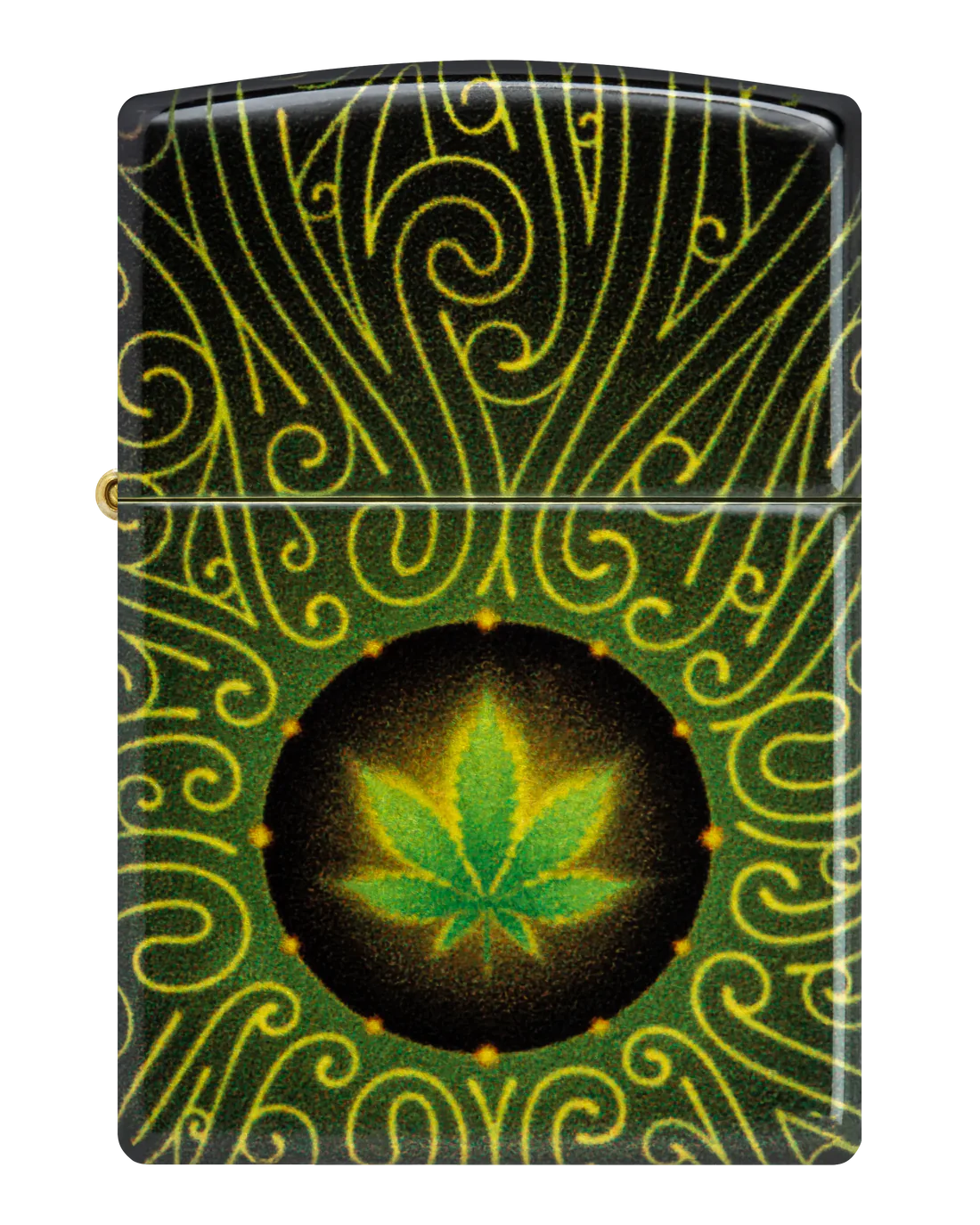 Zippo Cannabis Fusion – Frontansicht mit grünem Blatt
Edles Zippo Sturmfeuerzeug mit 540° Fusion-Design auf Tumbled Brass. Leuchtendes Cannabisblatt umgeben von goldenen Wirbelmustern.