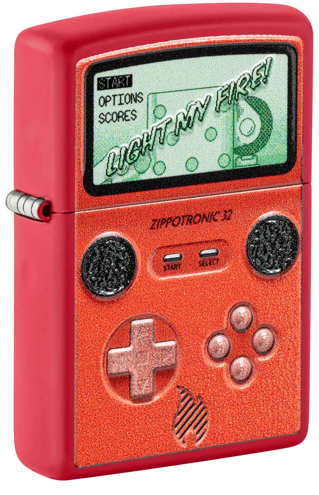 Dieses Zippo Benzinfeuerzeug hat ein auffälliges Retro-Gaming-Design, das an einen klassischen Handheld-Spielkonsole erinnert.