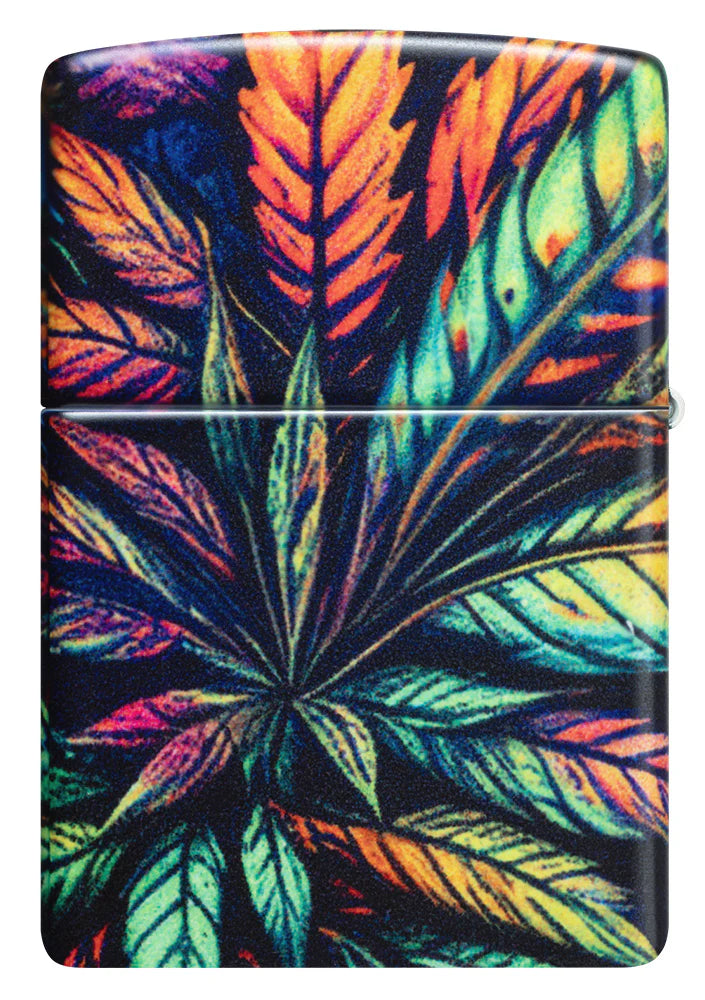 Rückseite des Zippo-Feuerzeugs mit einem komplexen Cannabisblatt-Motiv in leuchtenden Farben auf dunklem Hintergrund