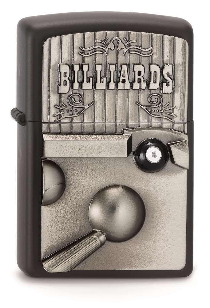 Eine wunderbare Billard Szene, auf diesem 8-Ball Emblem Zippo Benzinfeuerzeug ist die Kugel sehr schön fühlbar.
