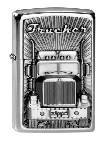 On the Road mit dem Trucker Eblem Zippo Benzinfeuerzeug. Ein PS-starker Truck mit dem Zippo Schriftzug als Nummernschild.