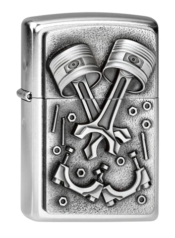 Diese detaillierte Emblem Zippo Benzinfeuerzeug zeigt einen Teil eines zerlegten Motors, Schrauben und Muttern.