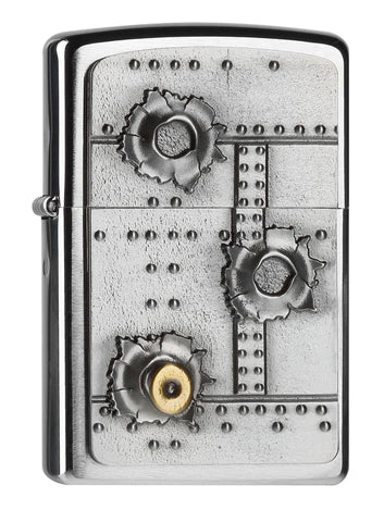 Zippo Bullet Holes 3D, eine spezielle Kreation mit Einschusslöchern, eine Kugel steckt sogar noch im Metall. Ein schönes Chrome Brushed Zippo Benzinfeuerzeug.