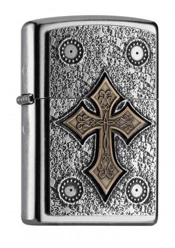 Ein gothisches Kreuz eingefasst von 3 Kreisen auf einem tollen strukturierten Emblem. Ein wunderbares Street Chrome Zippo Benzinfeuerzeug.
