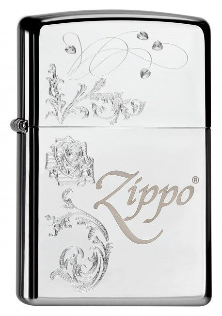 Ein liebevoll eingraviertes florales Muster mit dem Zippo Logo ergänzt. Ein tolles High Polish Chrome Zippo Benzinfeuerzeug.