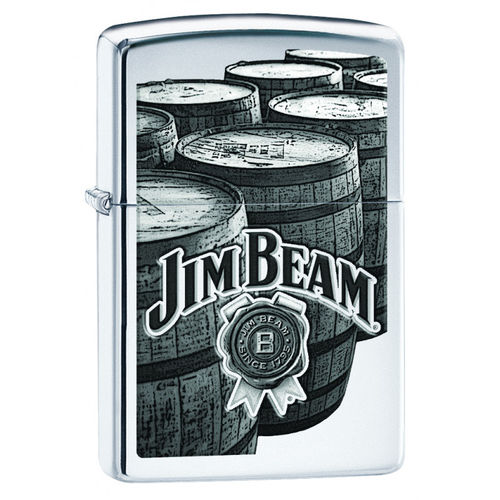 Jim Beam zeigt auf diesem schönen High Polish Chrome Zippo Benzinfeuerzeug eine Auswahl von Fässern, in welchem wohl der edle Tropfen auf Dich wartet.