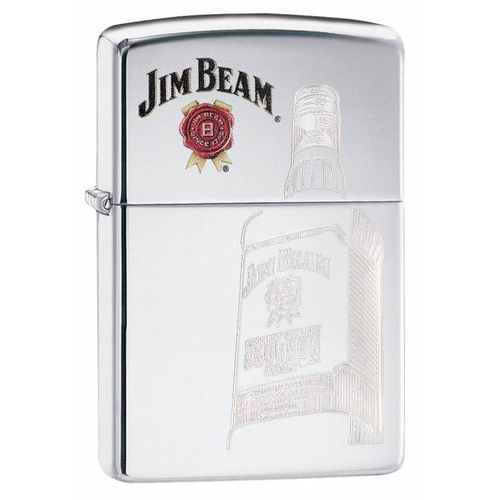 Ein sehr edles High Polish Chrome Zippo Benzinfeuerzeug mit dem Logo von Jim Beam und der feinst gravierten Flasche im Hintergrund. Ein tolles Zippo.