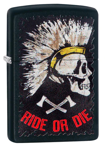 Die Irokesen Frisur steht dem Totenkopf wirklich gut. Ein spannendes Black Matte Color Image Zippo Benzinfeuerzeug mit der Aufforderung -ride or die-.