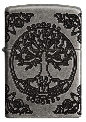 Das Symbol des Lebensbaumes, im Deep Carve Verfahren mit vielen schönen Details auf einem Armor Antique Silver Zippo Benzinfeuerzeug gestaltet. Ein tolles Zippo Benzinfeuerzeug aus der luxeriösen Serie.