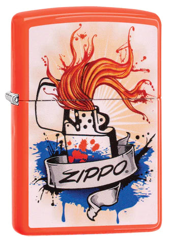 Ein wunderbares Neon Orange Zippo Benzinfeuerzeug. Im Zentrum das Zippo mit dem Schriftzug. Eine eigene Interpretation der modernen Graffiti Grafik.