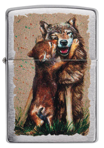 Auf diesem tollen Chrome Brushed Zippo Benzinfeuerzeug steht die Wölfin mit ihrem geliebten Jungen im Mittelpunkt. Ein schönes Color Image,