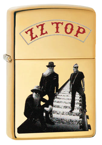 Ein geniales High Polish Brass Zippo Feuerzeug, im Zentrum die weltberühmte Band ZZ Top.