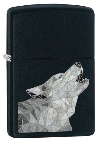 Aus Polygonen konstruiert, ein heulender Wolf. Ein tolles Black Matte Zippo Benzinfeuerzeug.