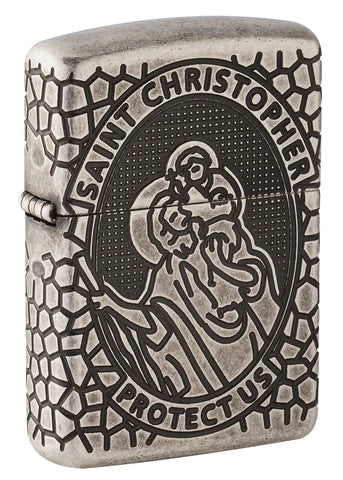 Dieses Armor Antique Silver Zippo Benzinfeuerzeug steht ganz im Zeichen von St. Christopher. Als Schutzheiliger bietet er vor allem Schutz auf langen Reisen. Auf der Vorderseite der Heilige Christopher, auf der Rückseite ein wunderbar gestaltetes Kreuz. 