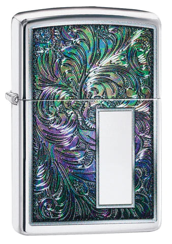 Das Venetian Modell gibt es schon seit dem Jahr 1974. Dieses neue Design ist jedoch etwas ganz spezielles. Ein feines farbiges, florales Muster auf einem High Polish Chrome Zippo Benzinfeuerzeug. Ein tolles Modell.