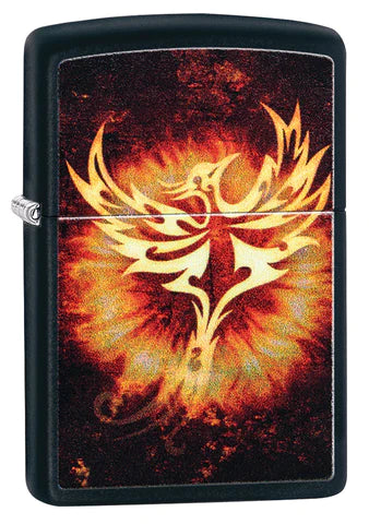 Auf einem tollen Black Matte Zippo Benzinfeuerzeug steigt der Phönix in orangen und goldenen Farben aus der Asche. Ein tolles Color Image.