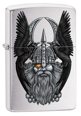 Der Götter-Vater in der nordischen Mythologie, Odin ist auch der Gott des Krieges, die Flügel eines Raben begleiten sein bärtiges Gesicht. Ein tolles Color Image auf einem Chrome Brushed Zippo Benzinfeuerzeug.
