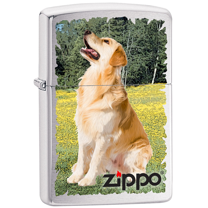 Ist er nicht der beste Freund? Der Blick dieses Golden Retriever sagt wohl alles. Ein wunderbares Chrome Brushed Zippo Benzinfeuerzeug für den Goldi-Fan.