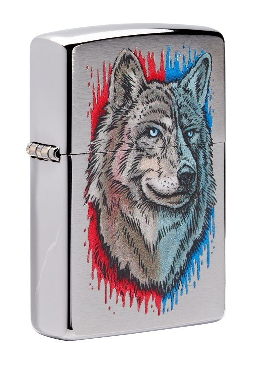 Ein schönes Wolf Zippo. Ein wunderbares Color Image auf der Grundlage eines Chrome Brushed Zippo Benzinfeuerzeuges. Schlicht und edel hergestellt.