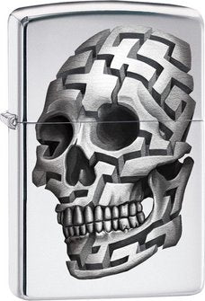 Dieses Zippo Feuerzeug zeigt einen Totenkopf im 3D Muster. Ein tolles High Polished Chrome Zippo Feuerzeug.