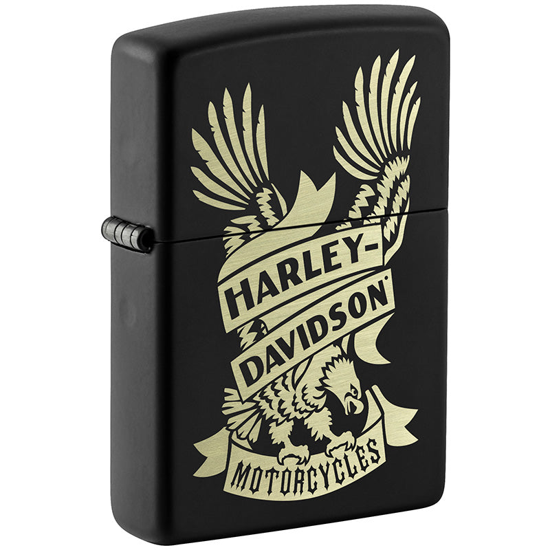 in wunderbares Harley-Davidson Zippo Feuerzeug mit einer Lasergravur auf einem Black Matte Zippo.