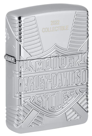 Das Harley-Davidson Sammler Zippo Benzinfeuerzeug des Jahres 2022 vereint verschiedenste höchst anspruchsvolle Verarbeitungstechniken mit wunderbarem Design. Nicht nur, dass die massive Armor Ausführung schon wunderbar in der Hand liegt, nein, auch das 360° MultiCut / Laser Gravur Verfahren und das Epoxy-Inlay tragen zu dem genialen Ergebnis bei.