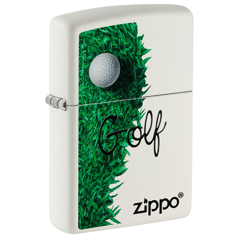 Ein tolles White Matte Zippo Benzinfeuerzeug für den Golfer. Schlich, einfach, aber überaus elegant. Ein schönes Motiv.