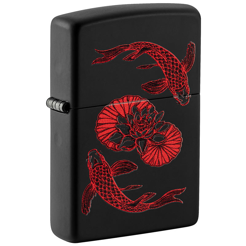 Der Koi, Colored in roter Farbe, wunderbar gestaltet, ein schönes Black Matte Zippo Benzinfeuerzeug.